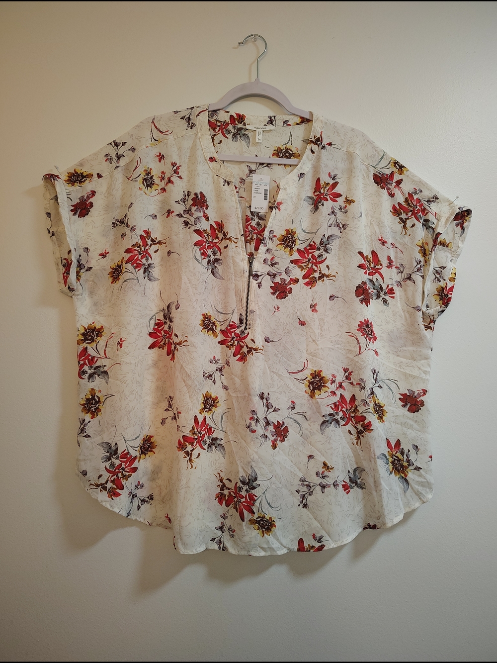 Maurices Cream Floral Split-Neck Blouse with Red & Yellow Blooms